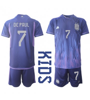 Argentyna Rodrigo de Paul #7 Koszulka Wyjazdowych Dziecięca MŚ 2022 Krótki Rękaw (+ Krótkie spodenki)